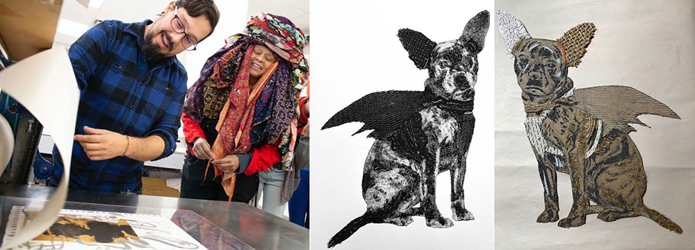 Left: Chakaia Booker and Justin Sanz working together at the Robert Blackburn Printmaking Workshop. Right: Collaborative collagraph print and plate by Chakaia Booker and Justin Sanz. Students at the 11/21 workshops will learn this technique.